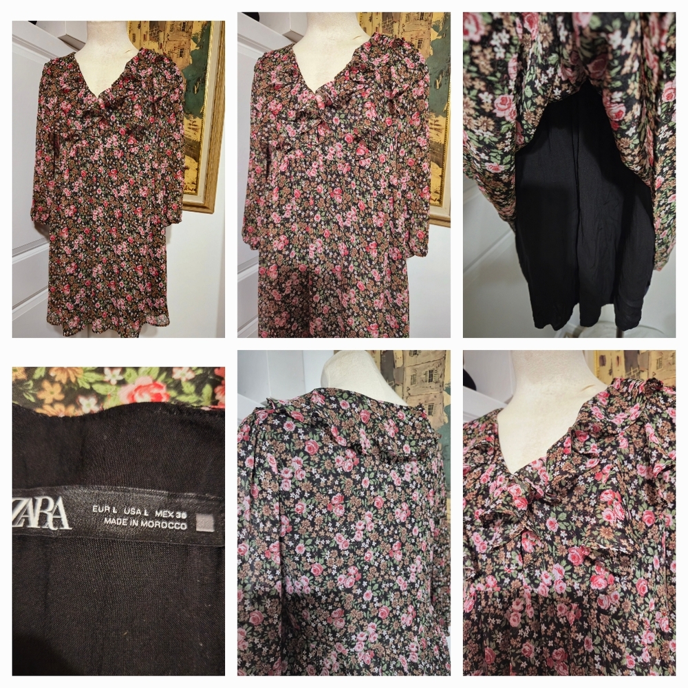 ZARA WOMEN'S  CHIFFON FLORAL V CUT  RUFFLED MIDI DOLL DRESS- Made In MOROCCO -L-